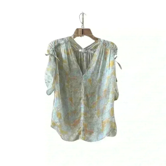 Vince Blouse Lotus Ruched Silk Top Floral Print Aqua Pink Yellow Size XS/S - Picture 5 of 10